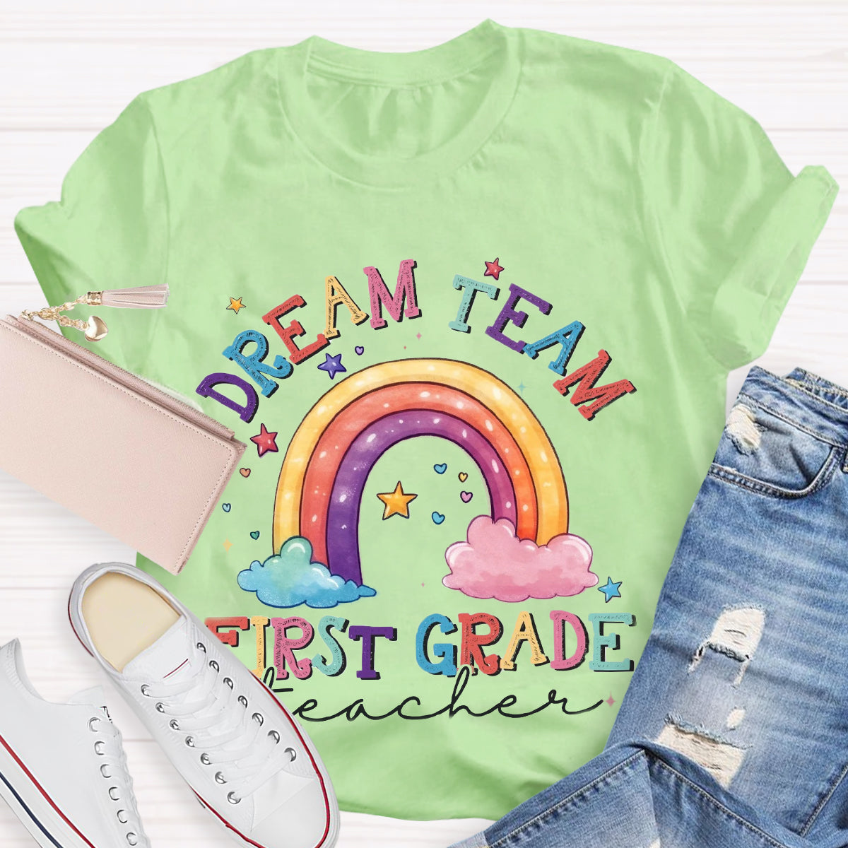 Personalized Grade Dream Team Teacher Rainbow T-Shirt