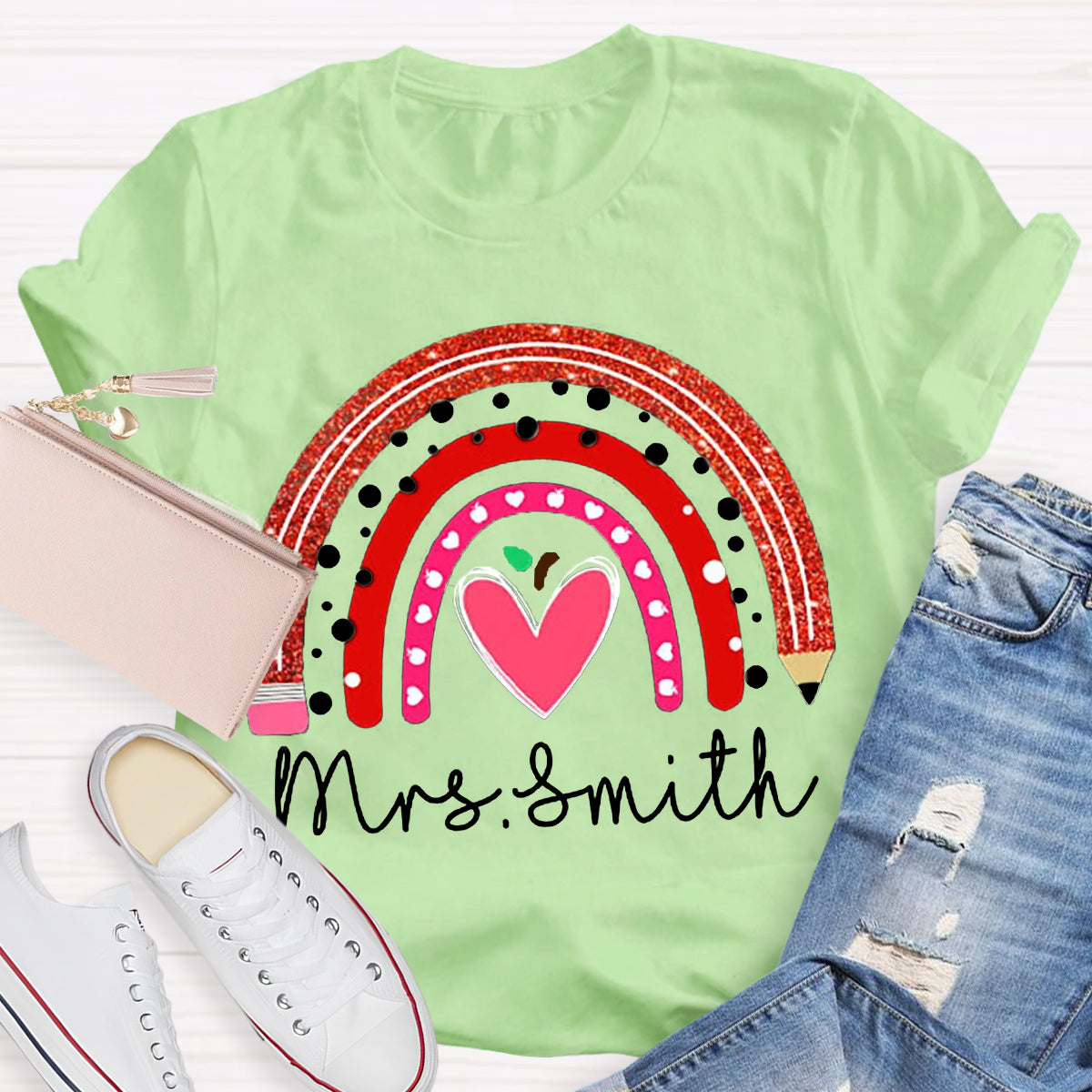 Personalized Name Rainbow Pencil Heart-Shaped Apple Teacher T-Shirt