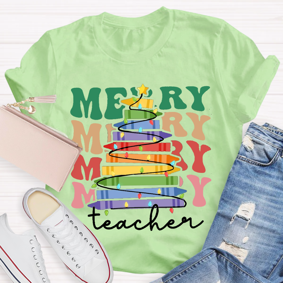 Crayon Christmas Tree Teacher T-Shirt