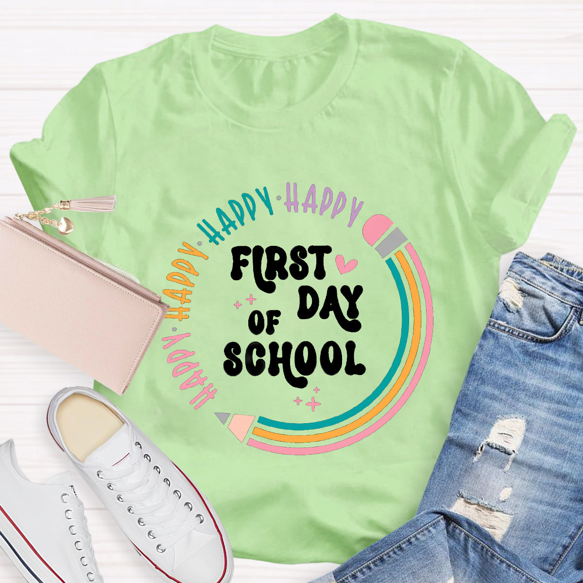 Happy First Day Of School Pencil Circle Teacher T-Shirt