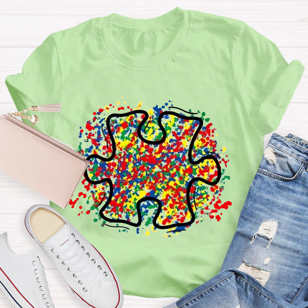 Colorful Autism Puzzle Piece Teacher T-Shirt