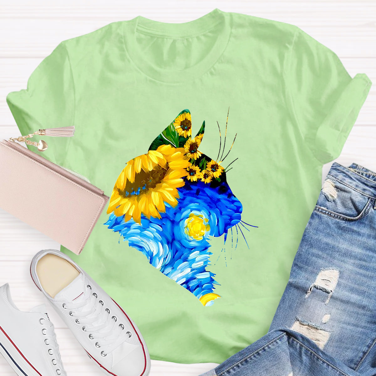 Art Sunflower Cat Teacher T-Shirt