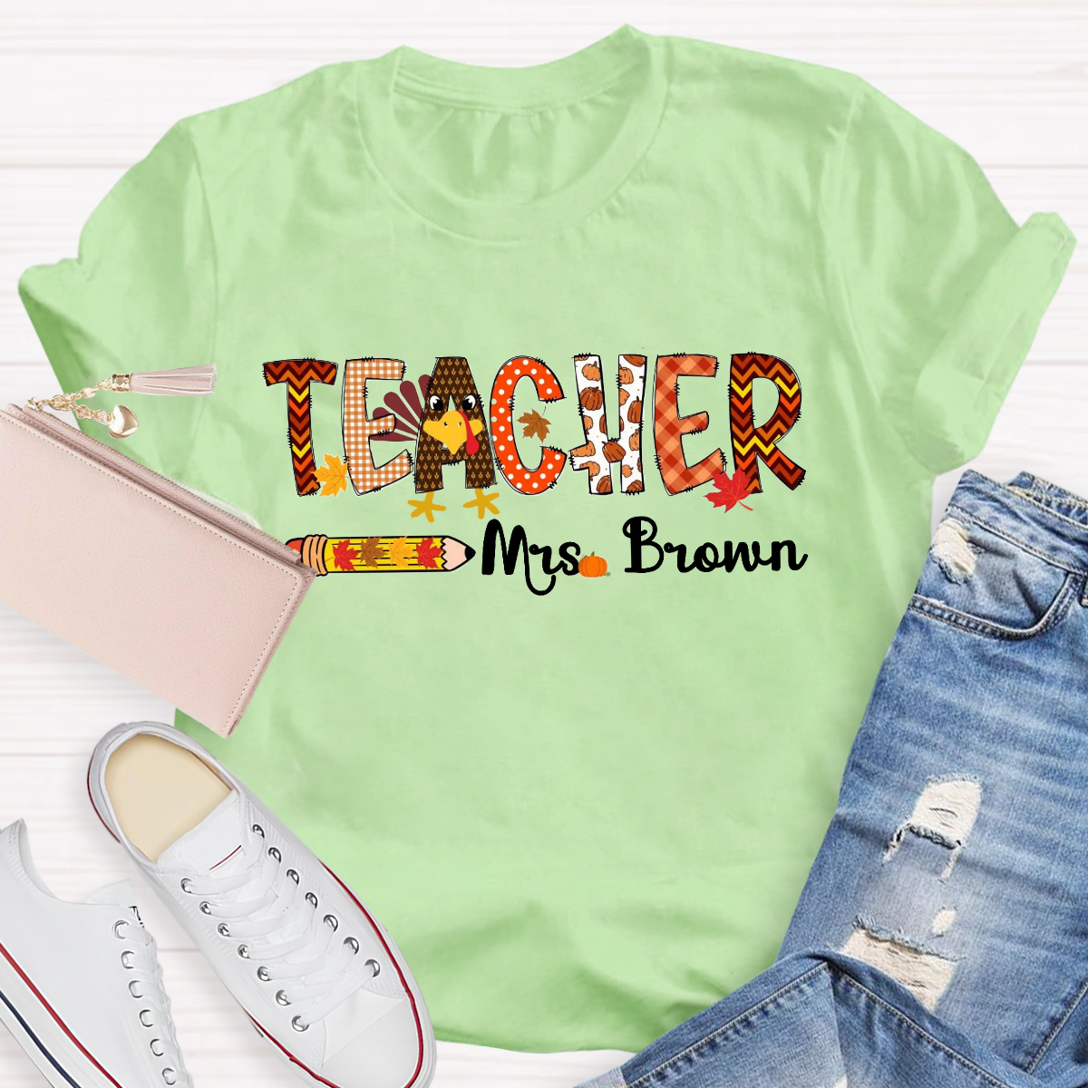 Personalized Name Thanksgiving Teacher T-Shirt