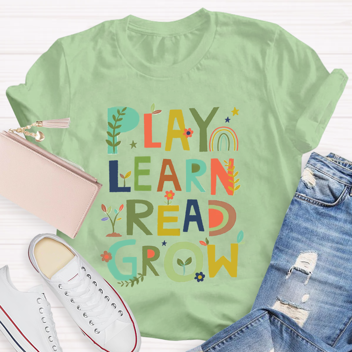 Play Learn Read Grow  Teacher T-Shirt