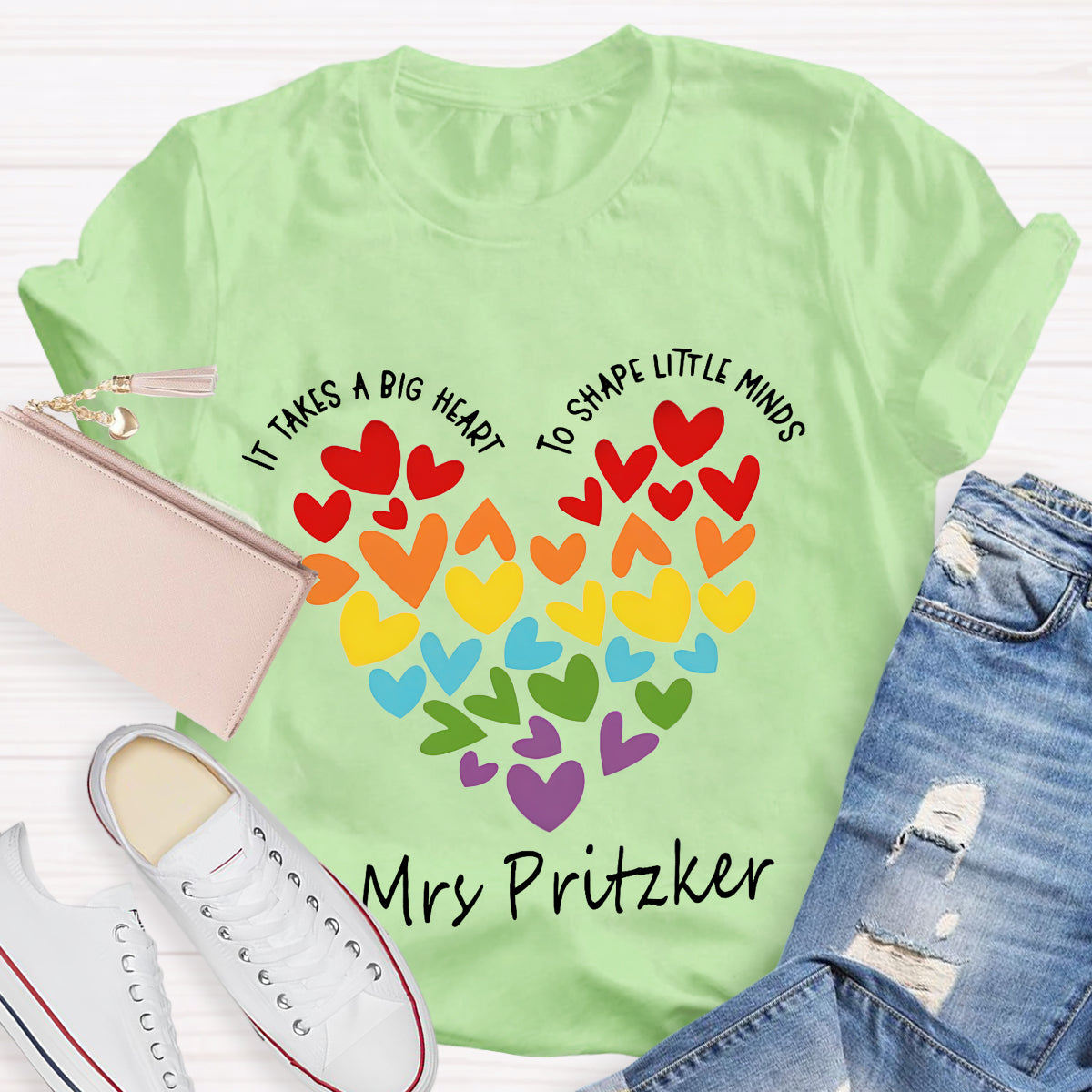 Personalized Name It Takes A Big Heart To Shape Little Minds Teacher T-Shirt