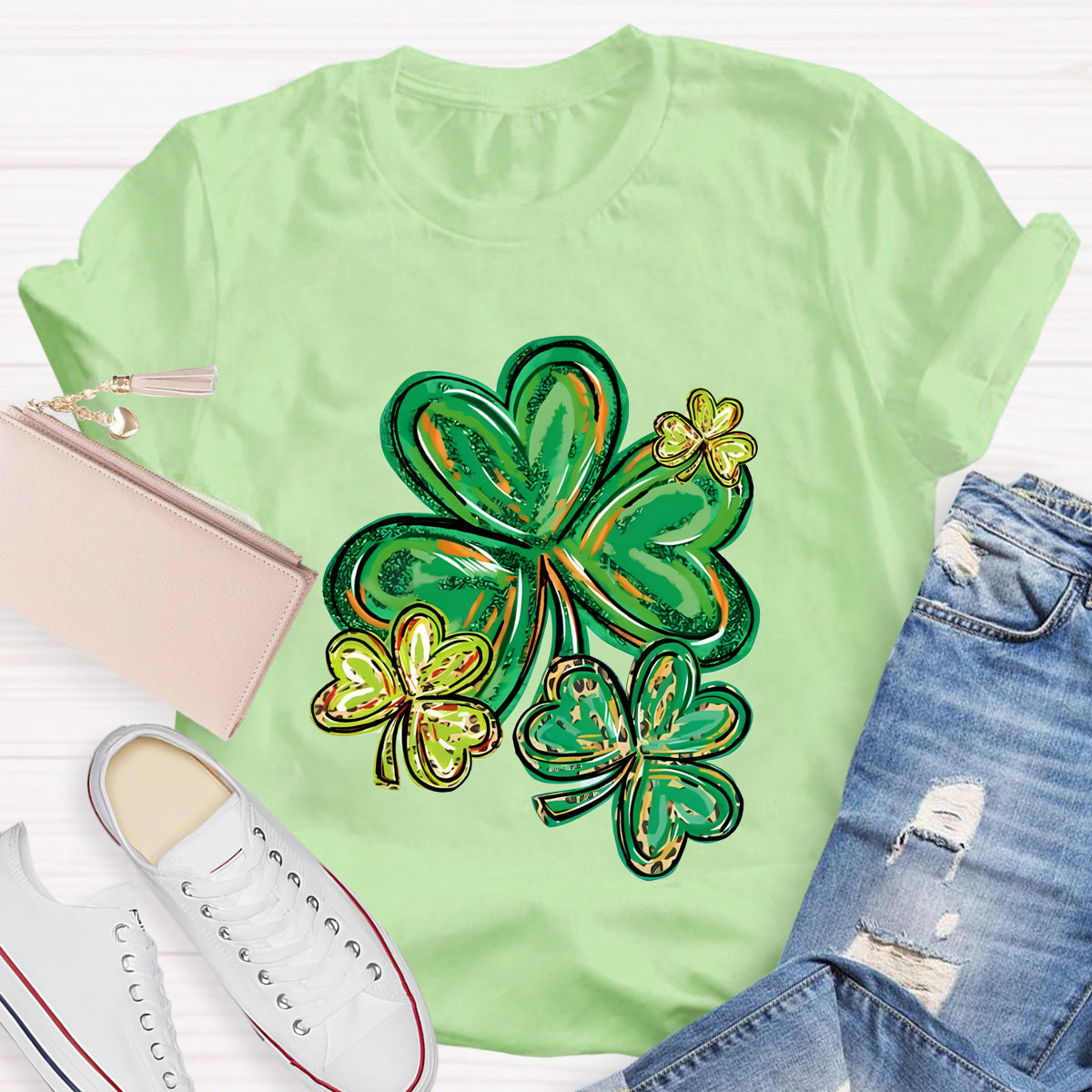 St Patrick's Day Clover Print Teacher T-Shirt