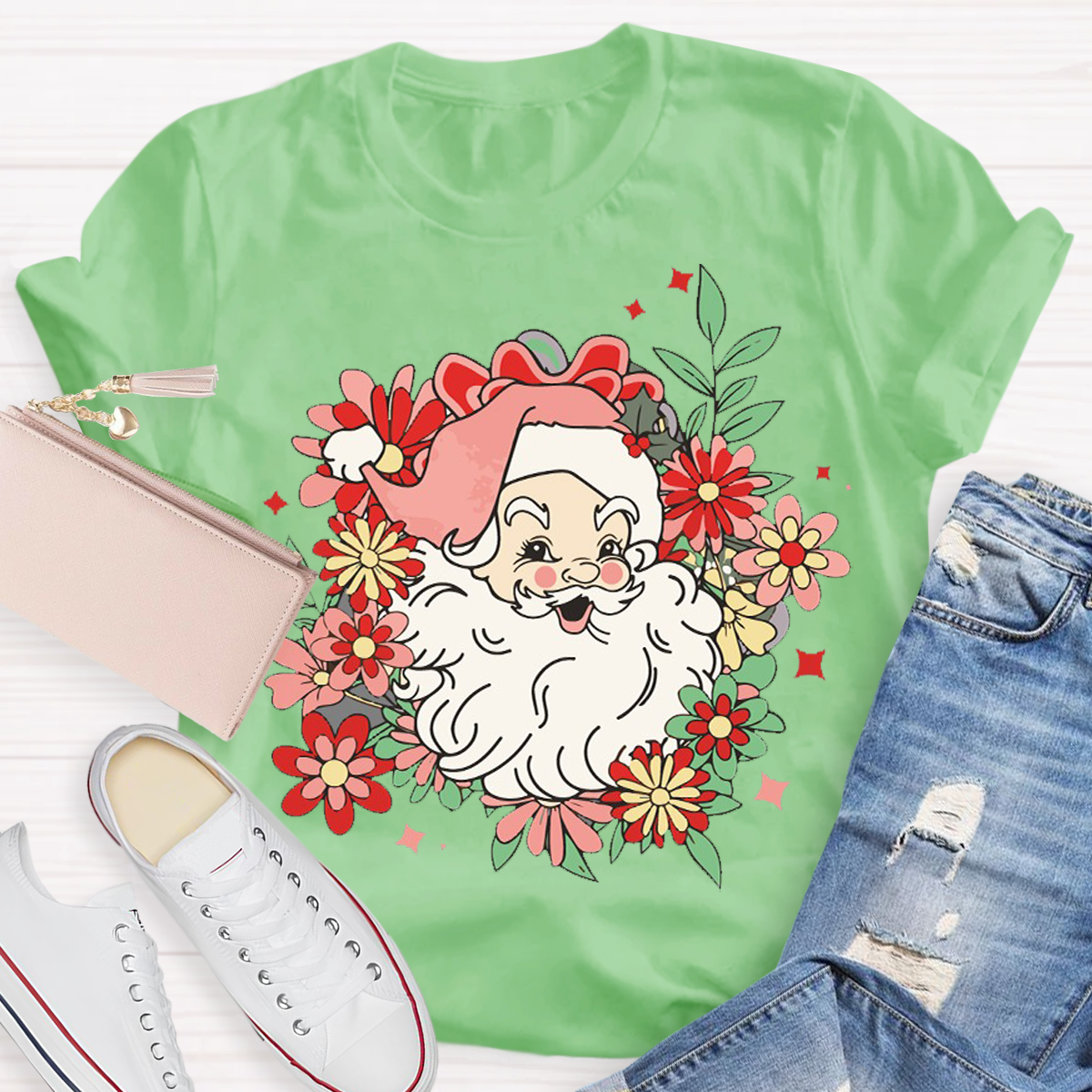 Flower Design Santa Christmas Teacher T-Shirt