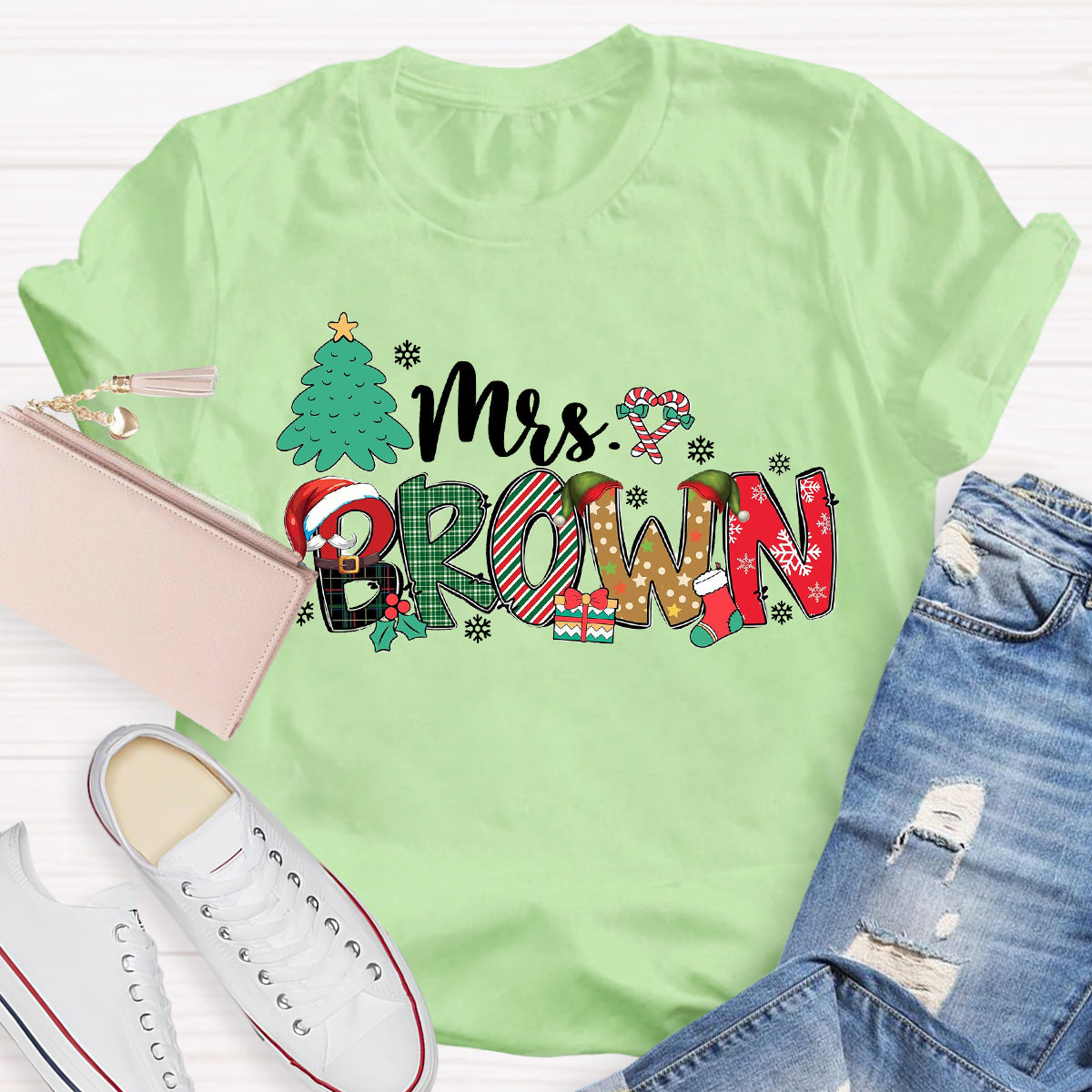 Personalized Name Christmas Tree Teacher T-Shirt