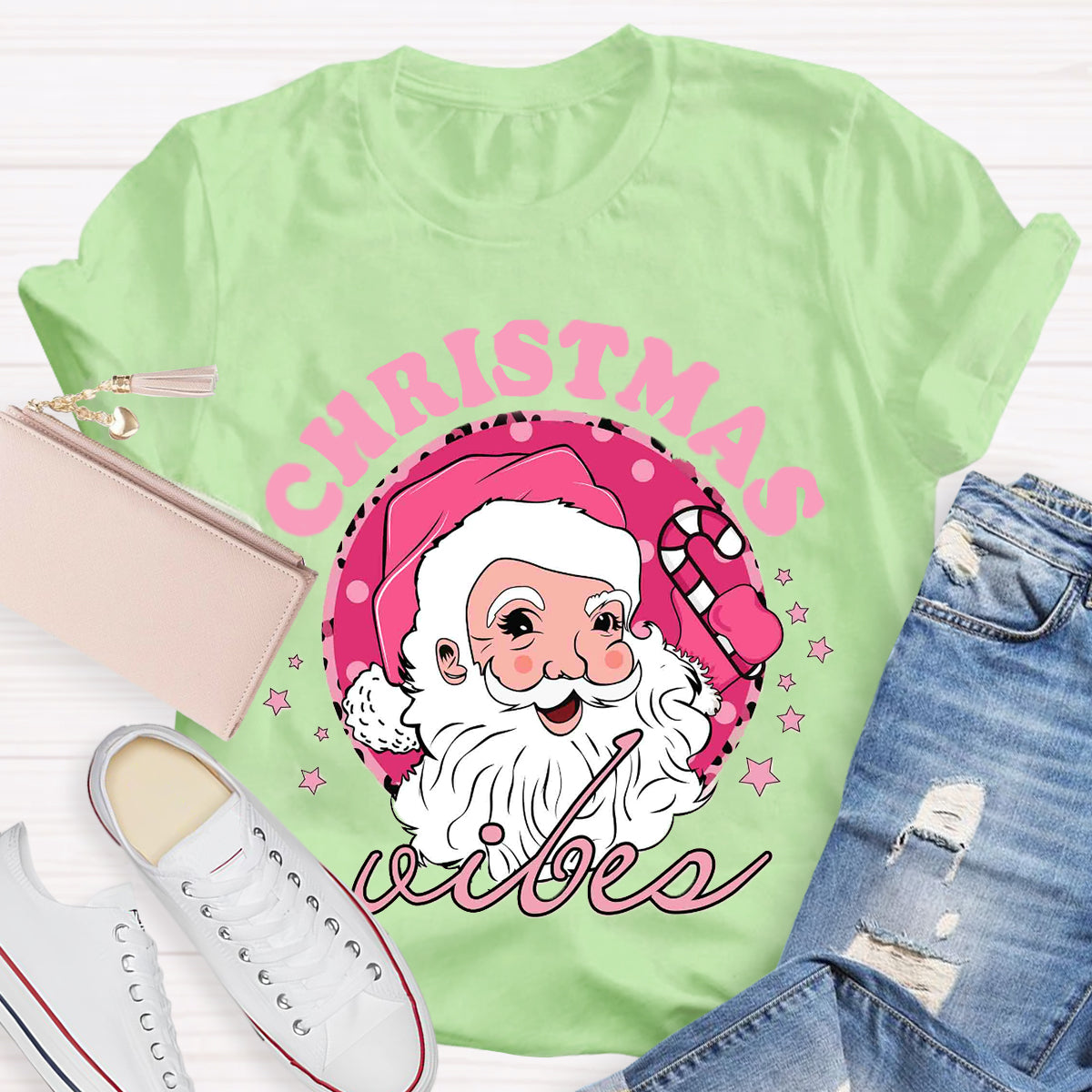 Christmas Vibes Pink Santa Claus T-Shirt