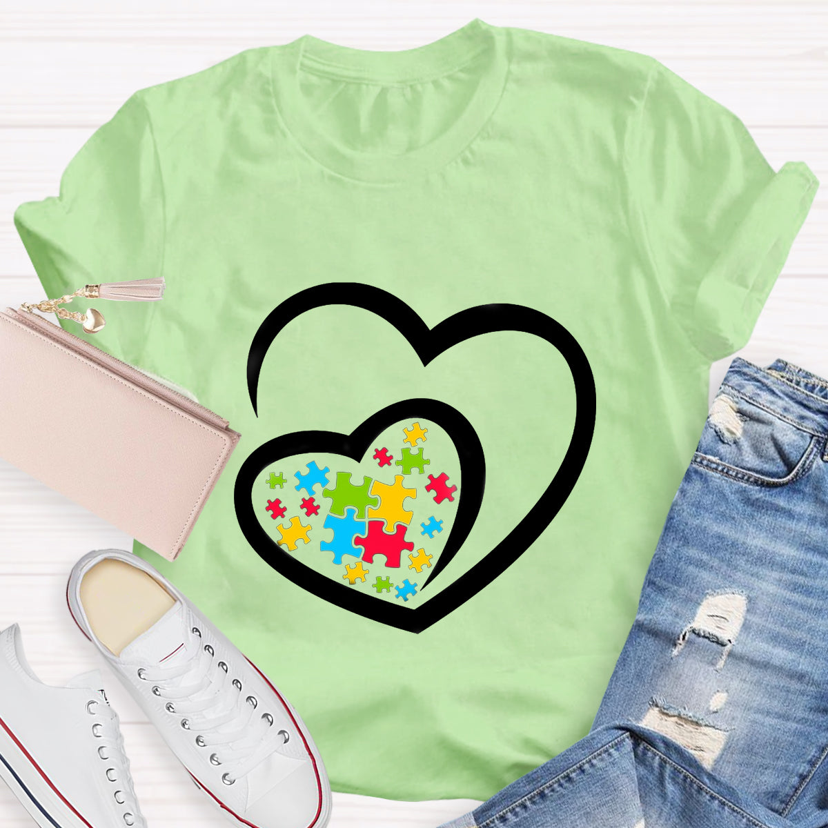 Love Ribbon Heart Puzzle Autism Awareness T-Shirt