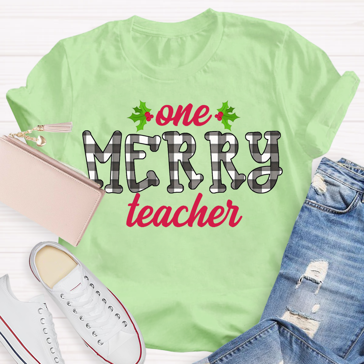 One Merry Teacher Christmas Plaid T-Shirt