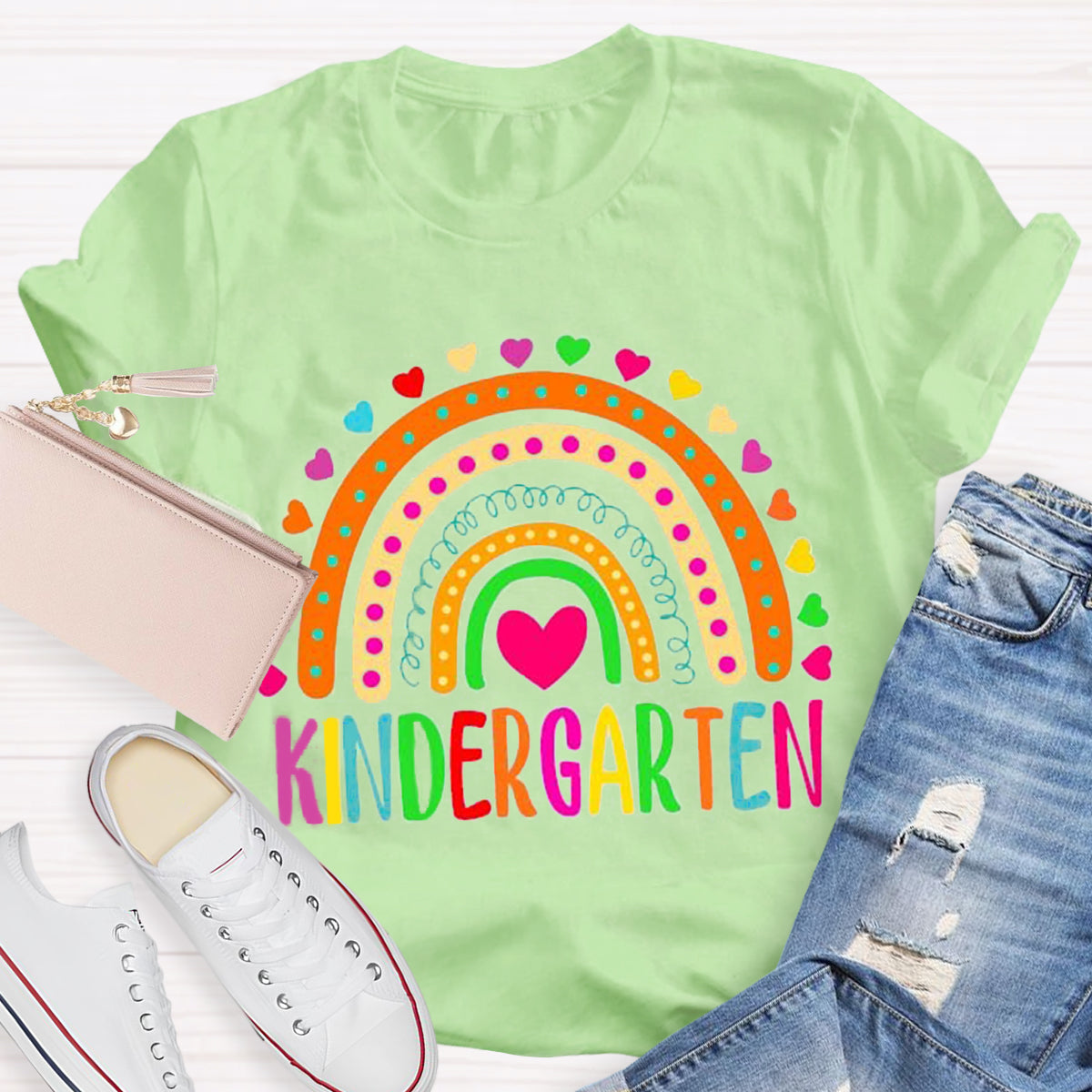 Personalized Colorful Heart Rainbow Teacher T-Shirt