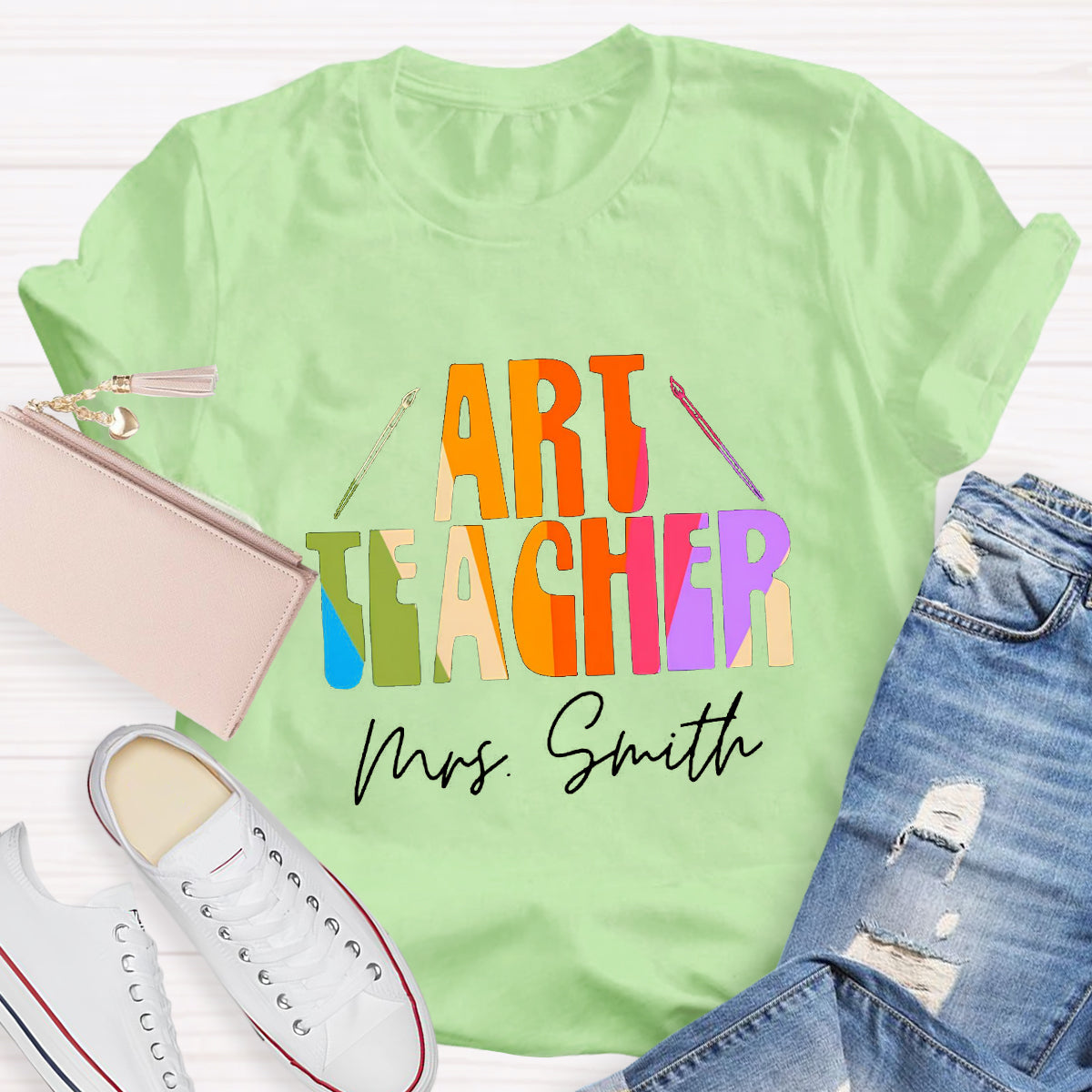 Personalized Name And Art Simple Color Teacher T-Shirt