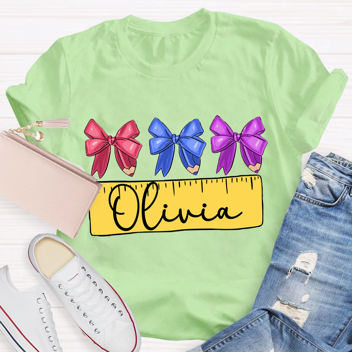 Personalized Name Bow Ruler Print Teacher T-Shirt