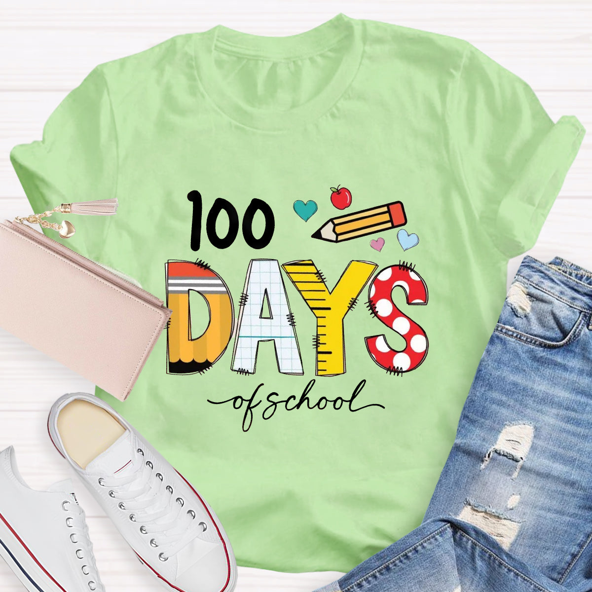 100 Days Of School Pencil Apple Teacher T-Shirt