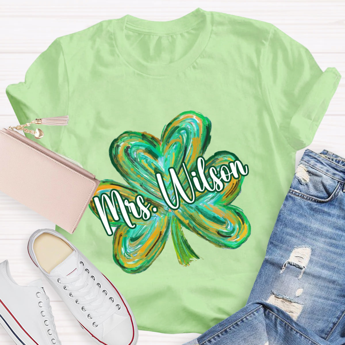 Personalized Name Colorful Shamrock Teacher T-Shirt