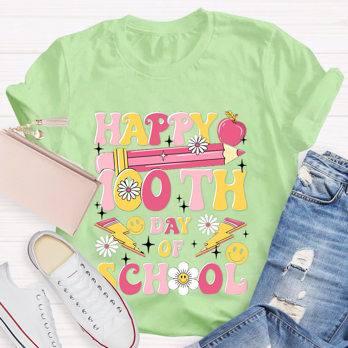 Happy 100 Days Of School Pink Pencil Teacher T-Shirt