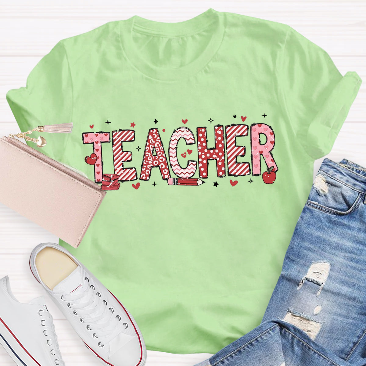 Valentine's Day Pink Heart Pencil Teacher T-Shirt