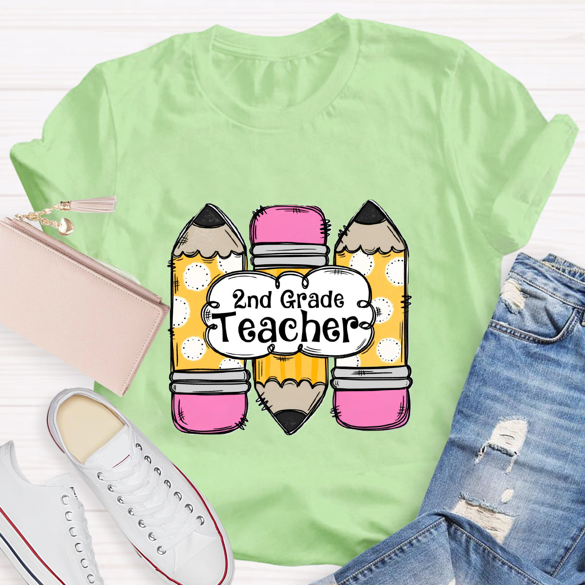 Personalized Grade Pink Pencil Printed 2nd Grade Teacher T-Shirt