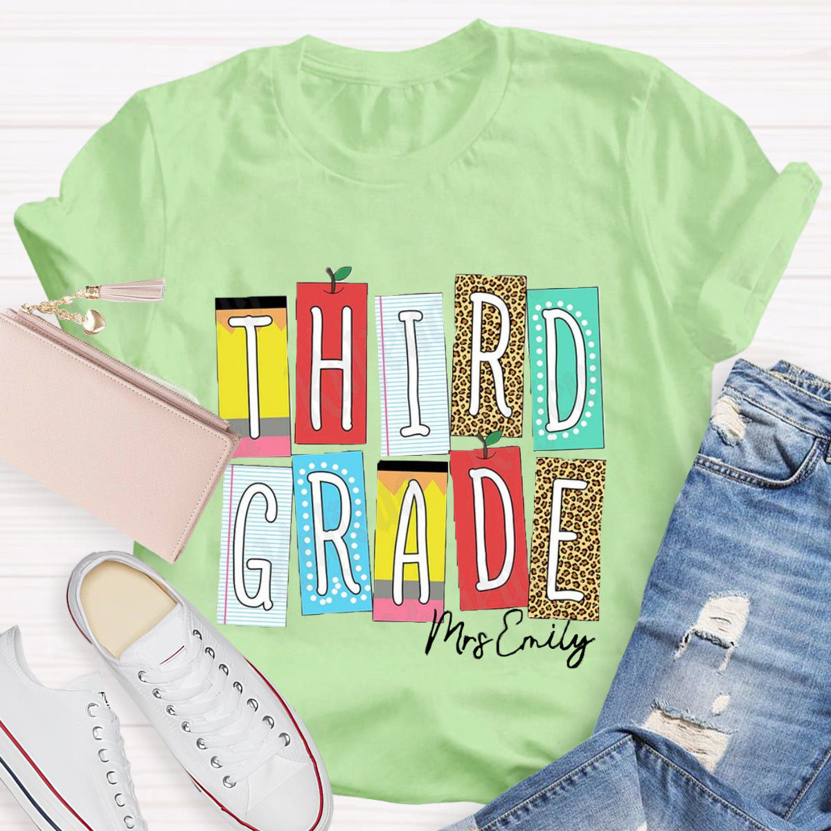 Personalized Grade And Name Leopard Color Block Teacher T-Shirt