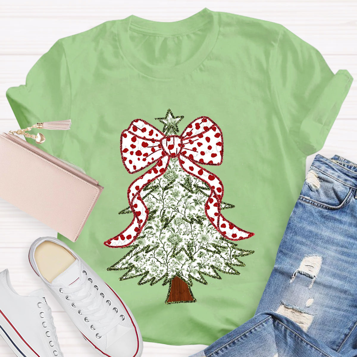 Red and Green Grandmillennial Coquette Gold Glitter Christmas Tree Teacher T-Shirt