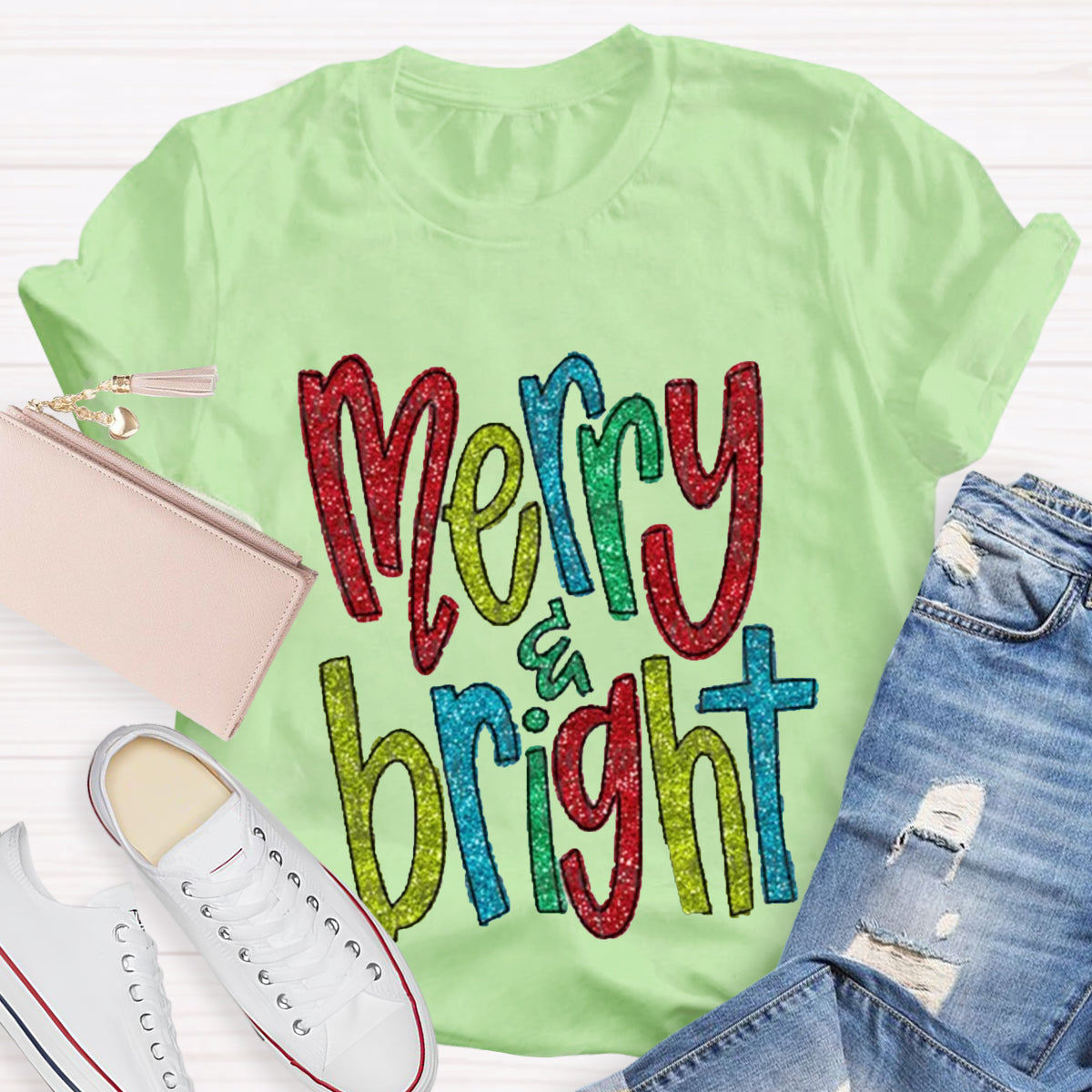 Glitter Merry And Bright Teacher T-Shirt