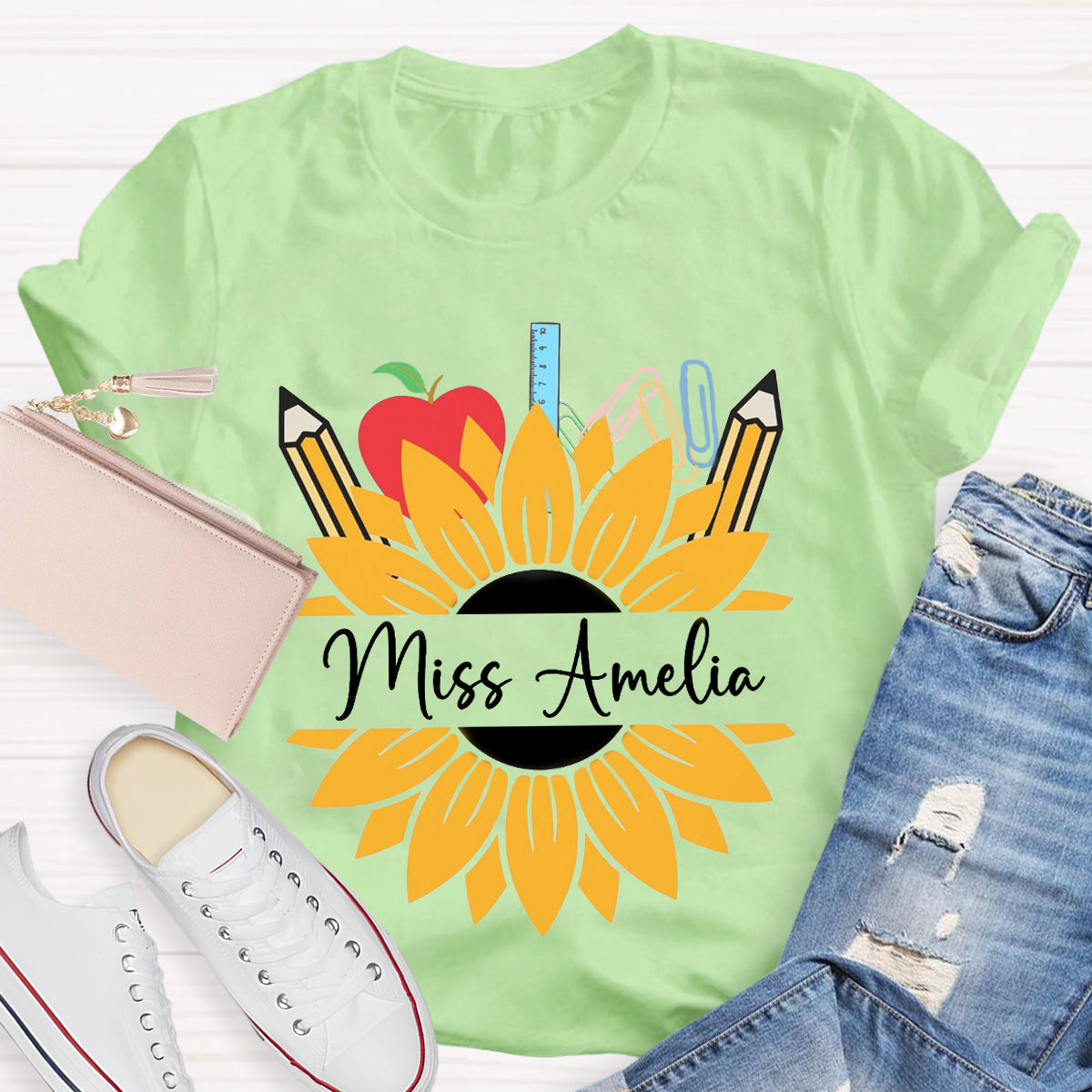 Personalized Name Sunflower Apple Pencil Teacher T-Shirt