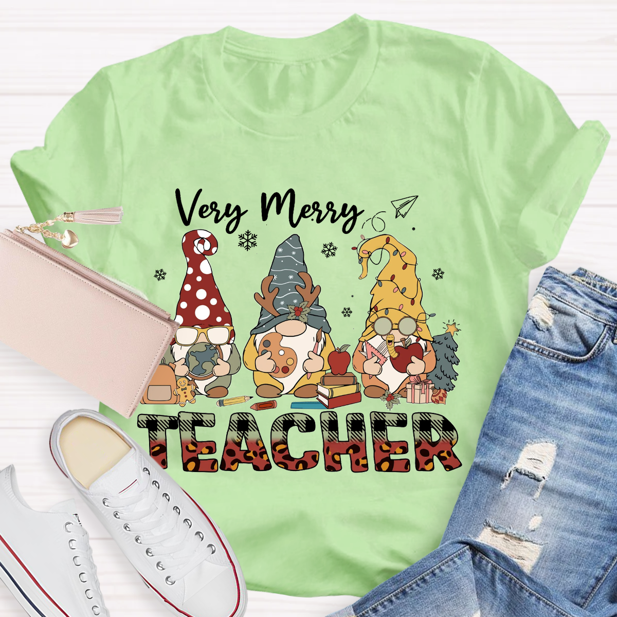 Very Merry Teacher Christmas Gnomes T-Shirt