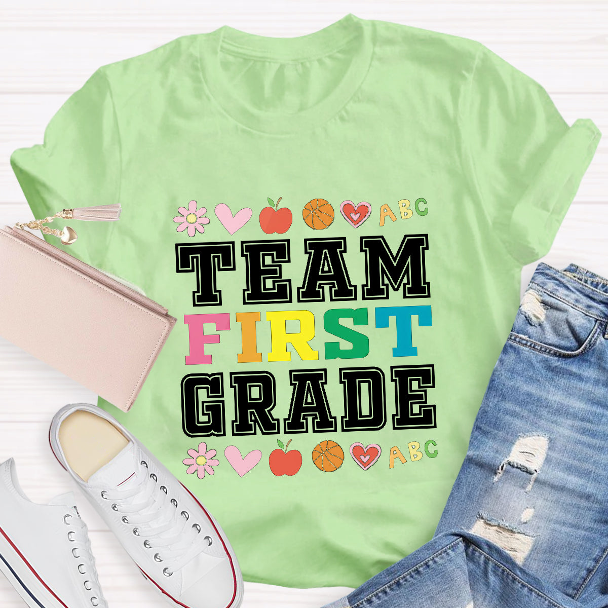 Personalized Grade Team Colorful First Grade Teacher T-Shirt