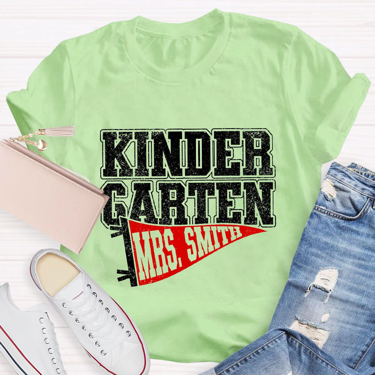 Personalized Grade And Name Flag Shaped Print Teacher T-Shirt