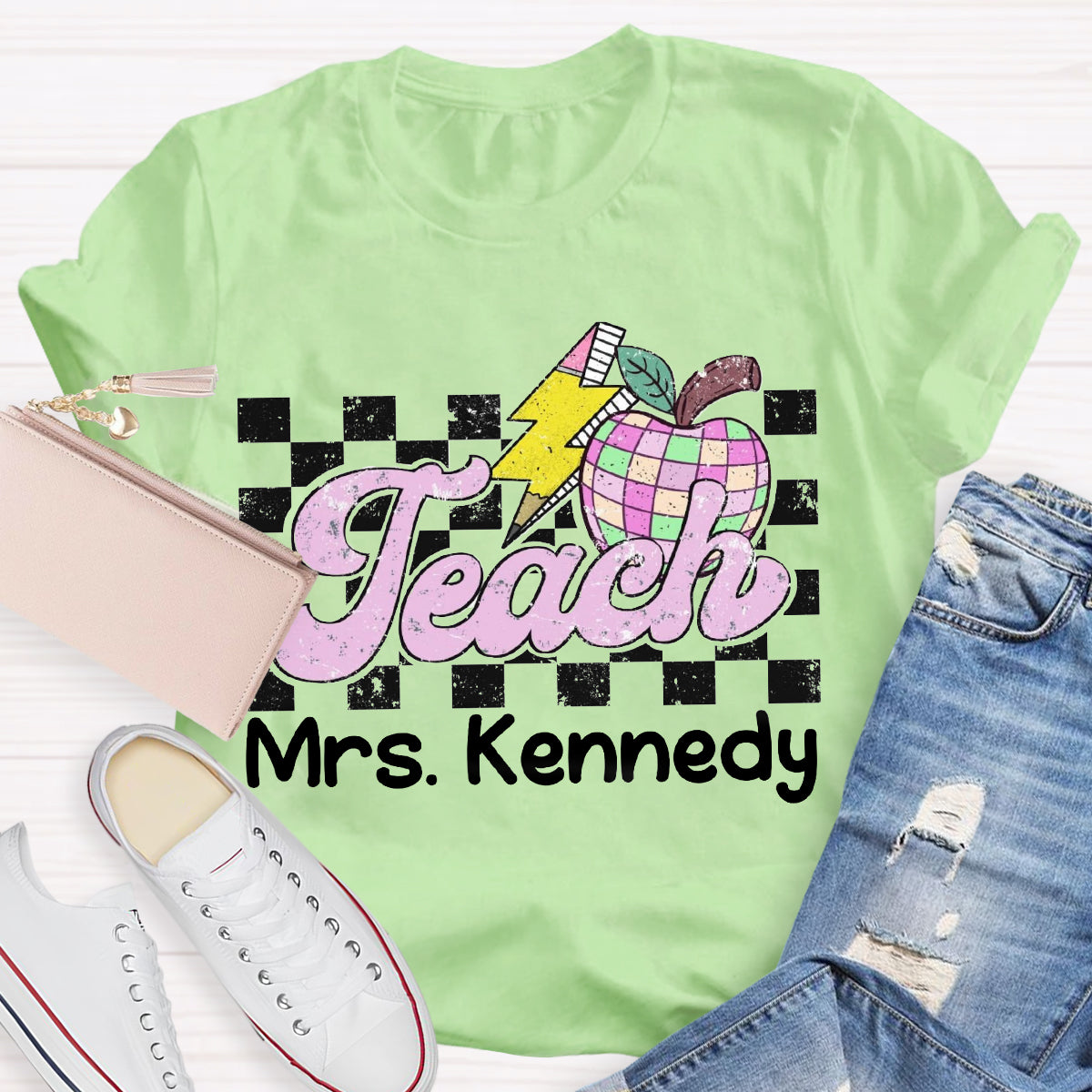 Personalized Teacher Name Retro Checkered Teacher T-Shirt