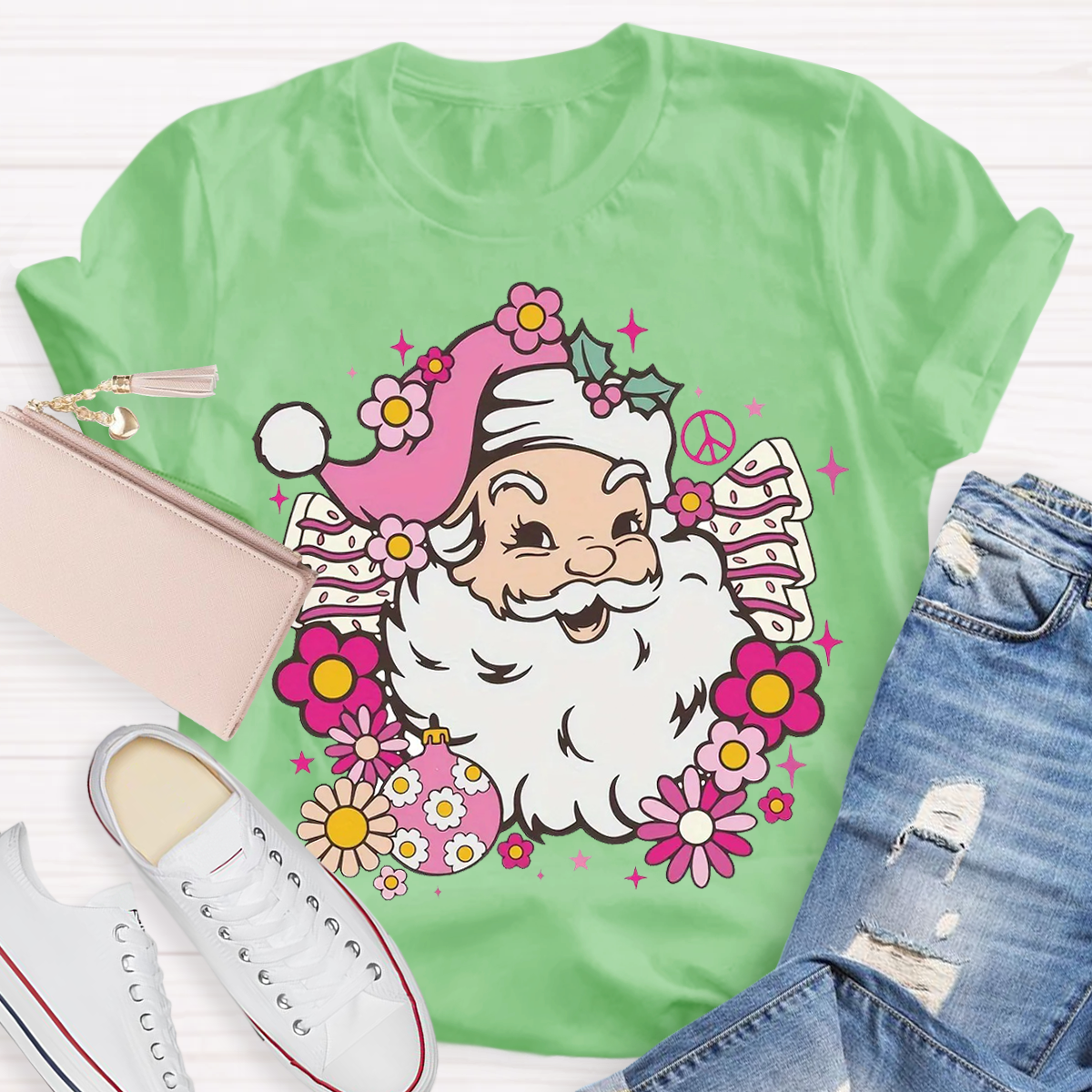 Hippie Santa Groovy Peace Christmas Teacher T-Shirt