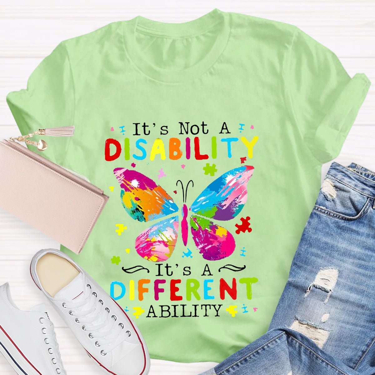 It's Not A Disability It's A Different Ability Puzzle Butterfly Teacher T-Shirt