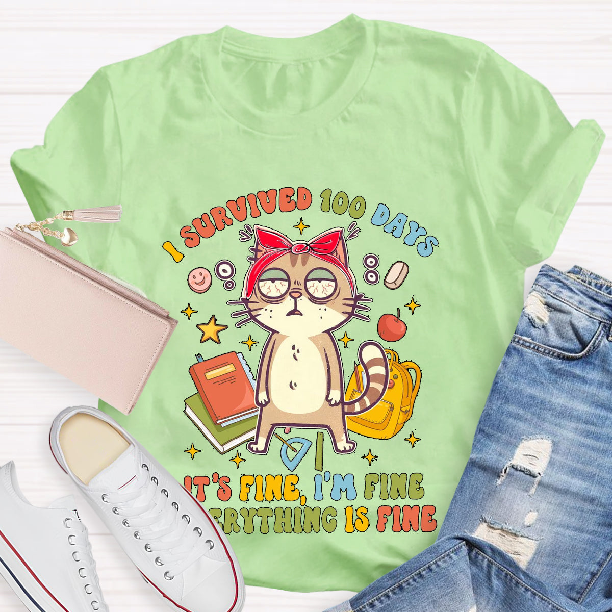 I Survived 100 Days Everything Is Fine Funny Cat  T-Shirt