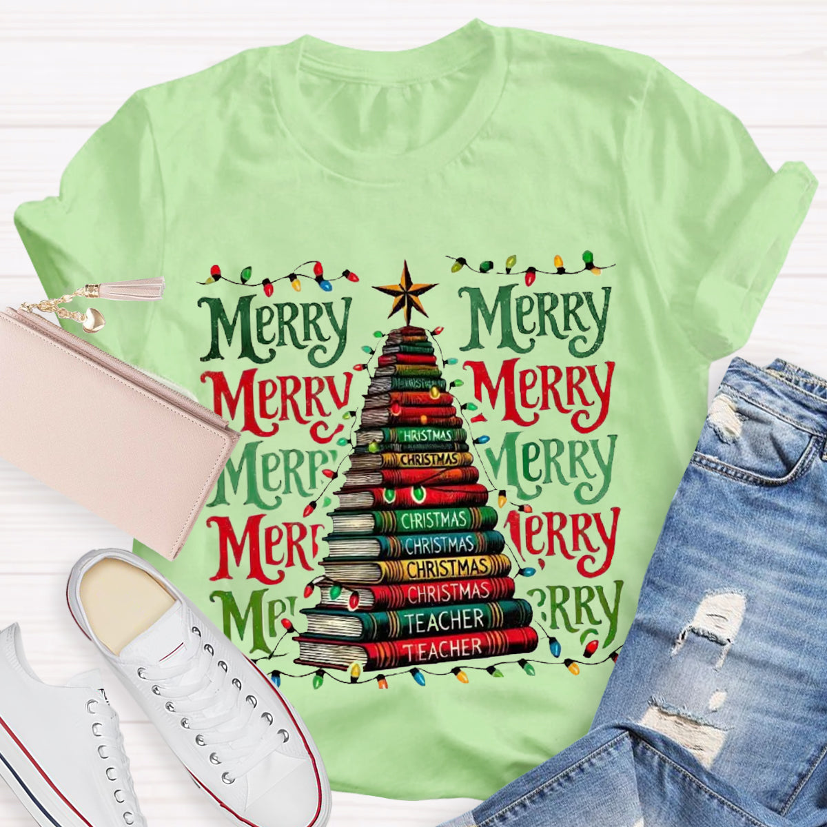 Merry Christmas Book Tree Teacher T-Shirt