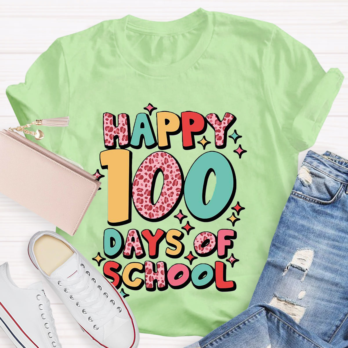 Pink Leopard Happy 100 Days Of School Teacher T-Shirt