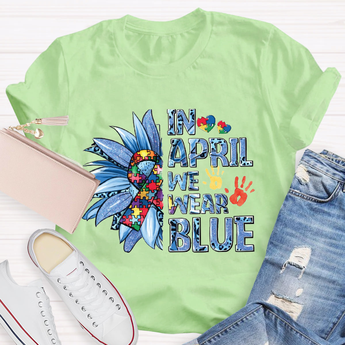 In April We Wear Blue Autism Awareness Puzzle Piece T-Shirt