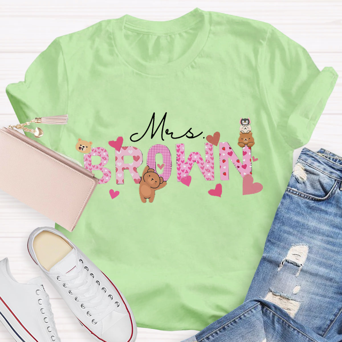 Personalized Name Pink Heart Teacher T-Shirt