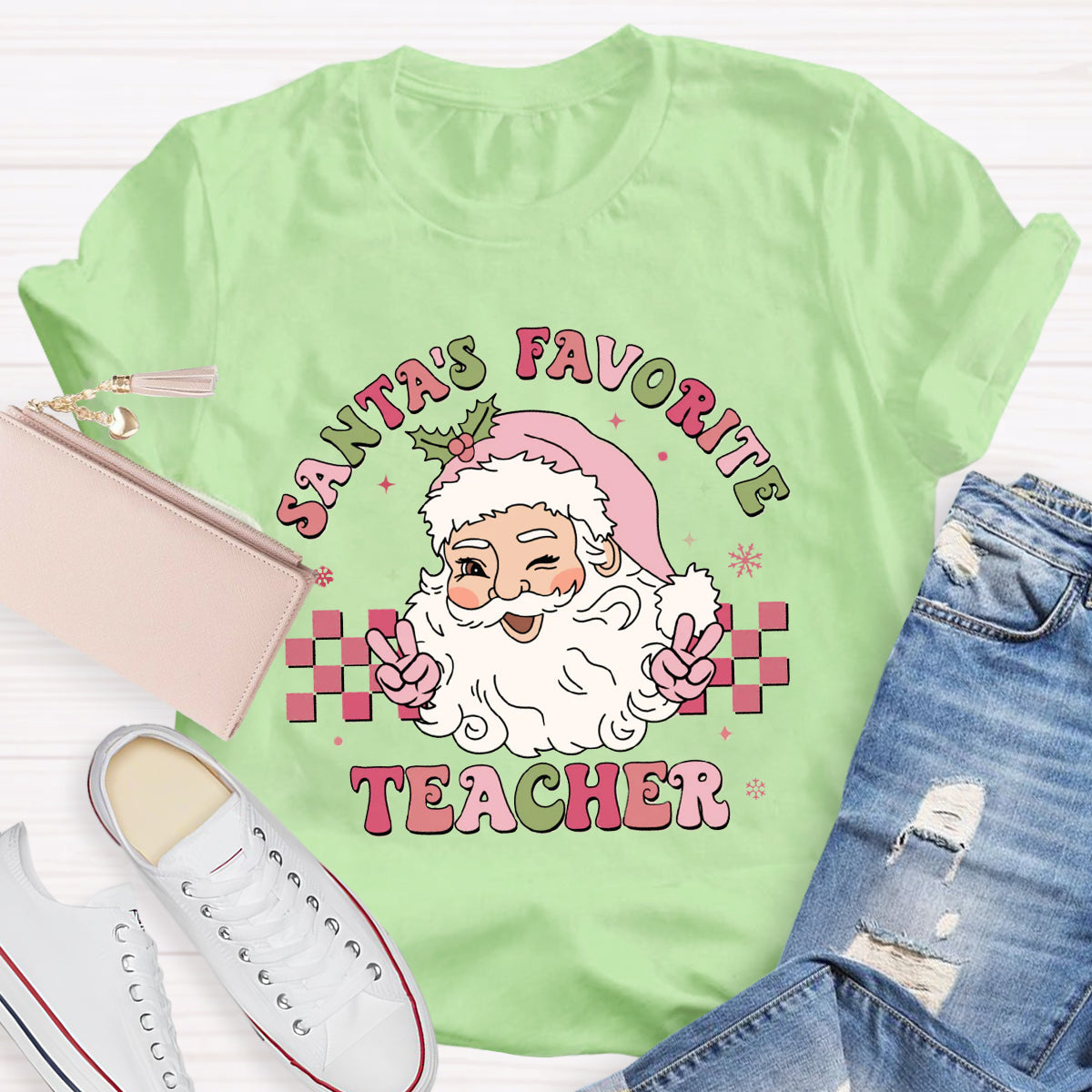 Santa's Favorite Teacher Pink Santa Claus T-Shirt