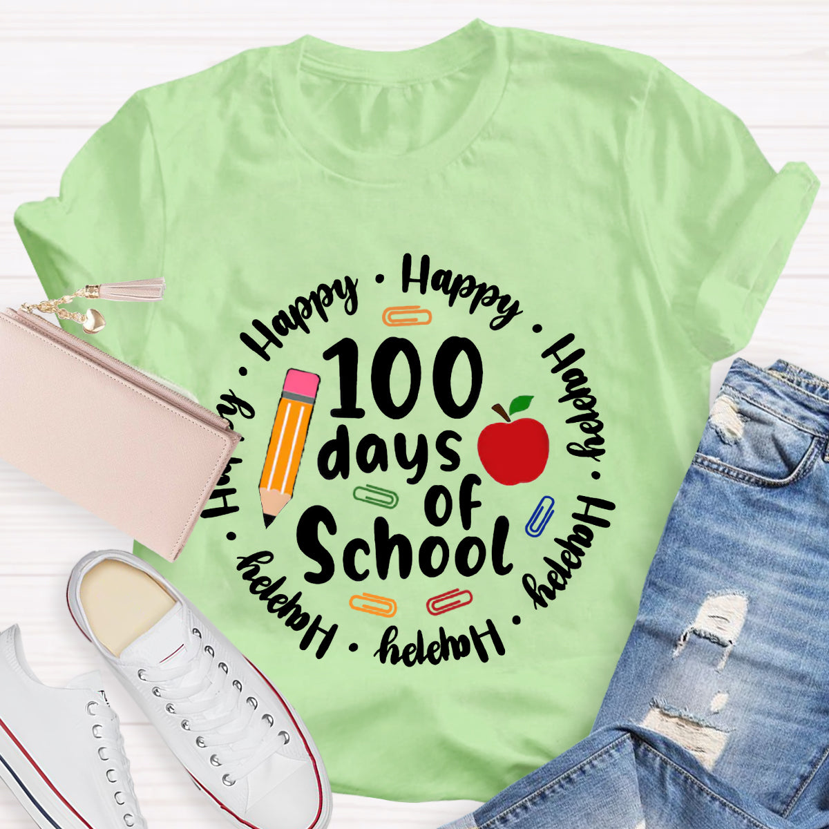 Happy 100 Days Of School Apple Pencil Teacher T-Shirt