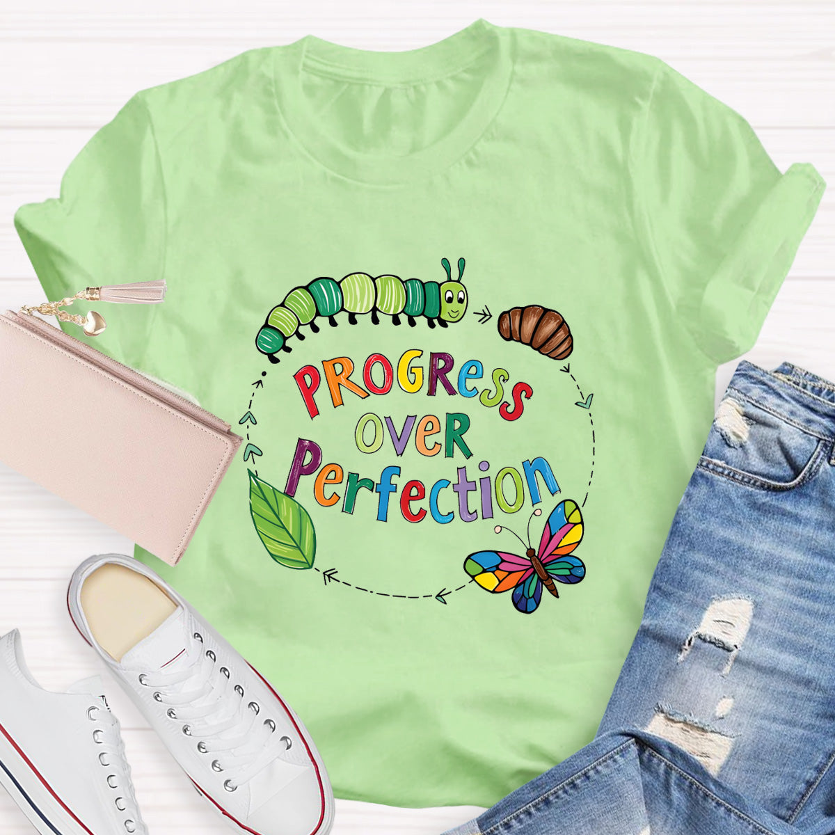 Progress Over Perfection Butterfly Teacher T-Shirt