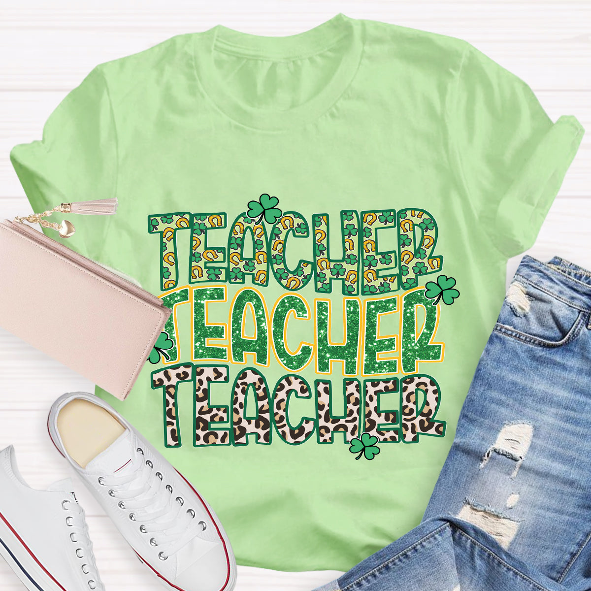 Green Clover Leopard Print Design Teacher T-Shirt