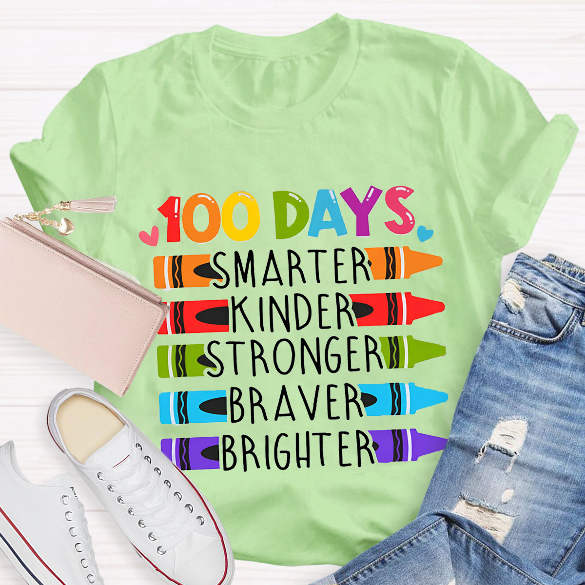 100 Days Smarter Kinder Stronger Crayon T-Shirt