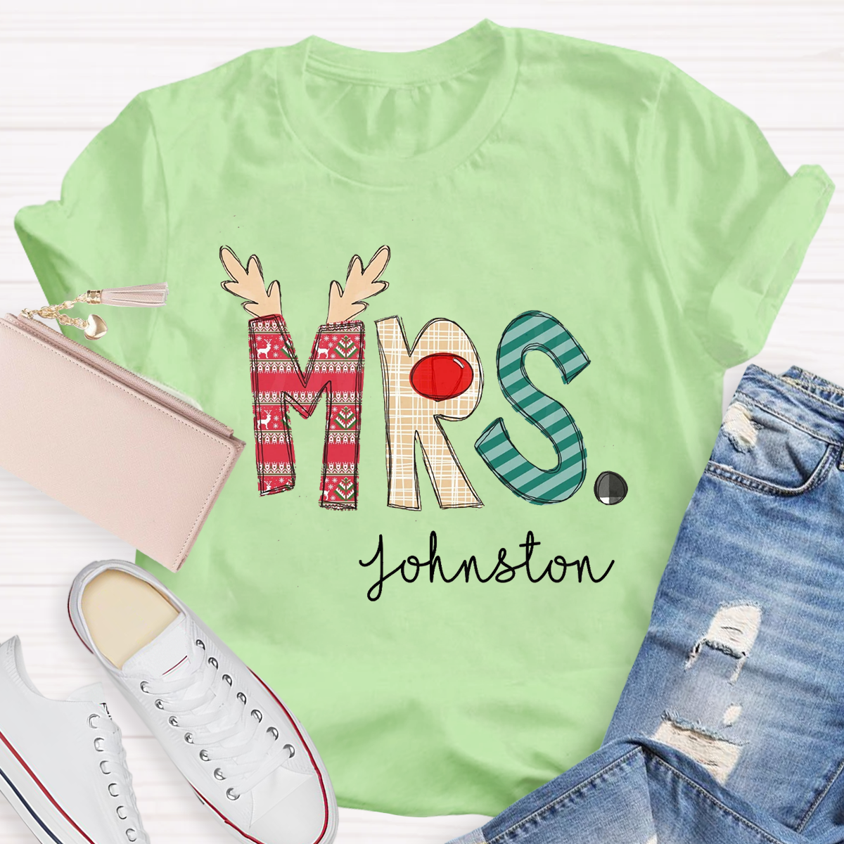 Personalized Christmas Classic Pattern Teacher Name Teacher T-Shirt