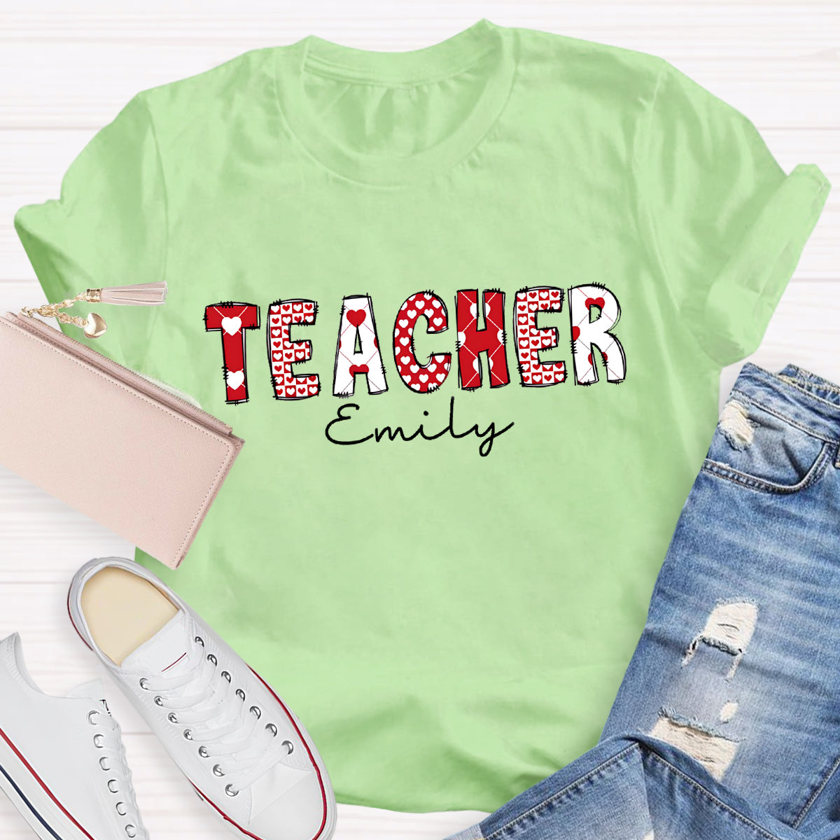 Personalized Name Pink Heart Printed Teacher T-Shirt