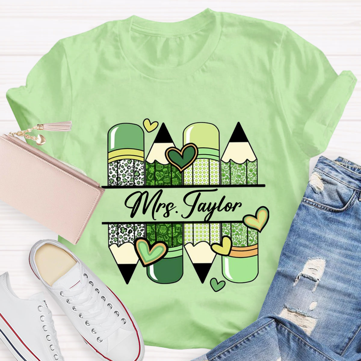 Personalized Name Green Heart Pencil Teacher T-Shirt