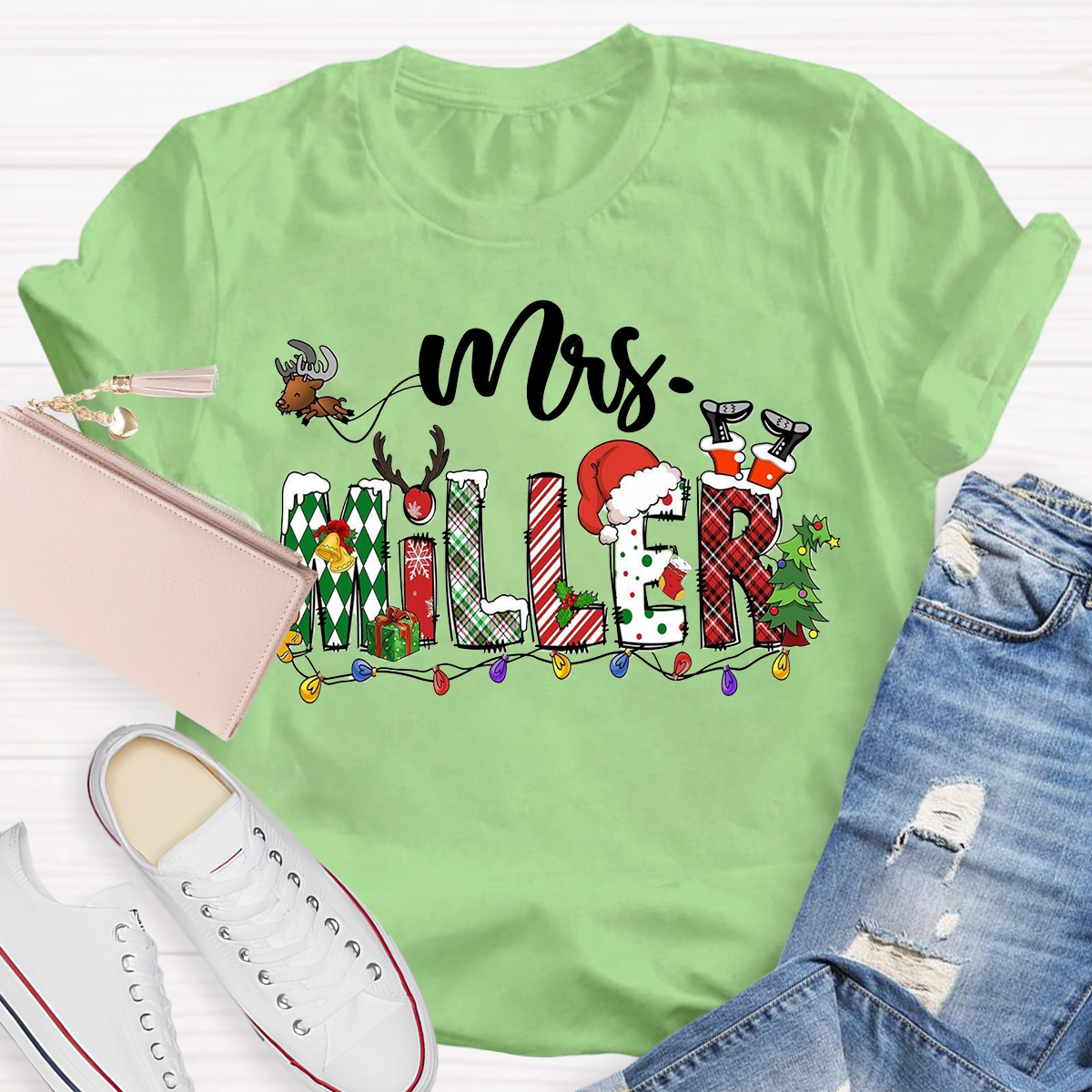 Personalized Name Santa Hat and Eelk Teacher T-Shirt