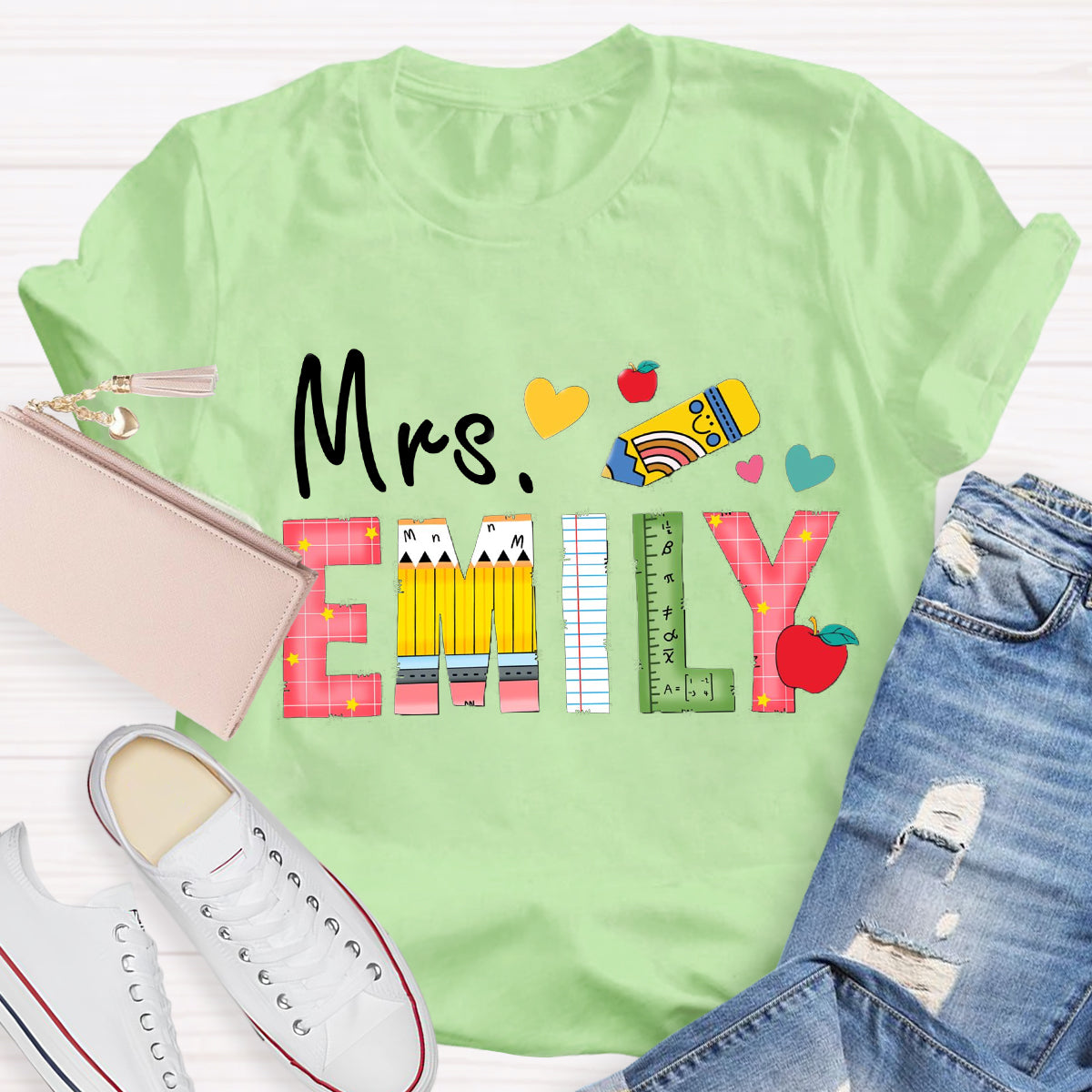 Personalized Name Apple Pencil Teacher Emily T-Shirt