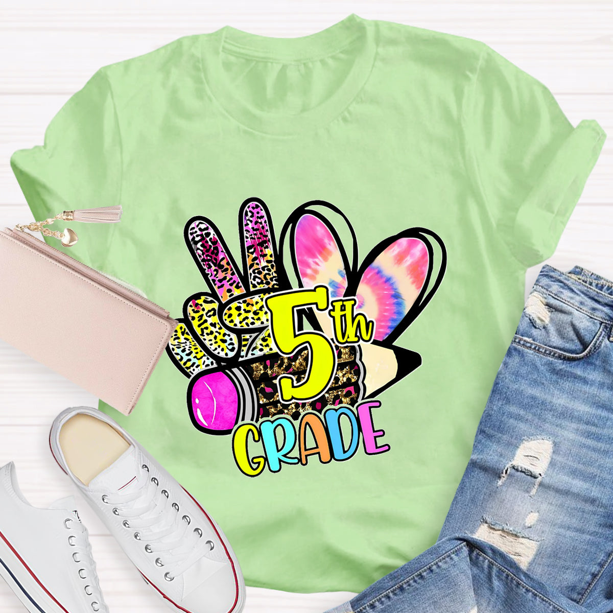 Personalized Grade Colorful  Leopard Heart  5th Grade Teacher T-Shirt