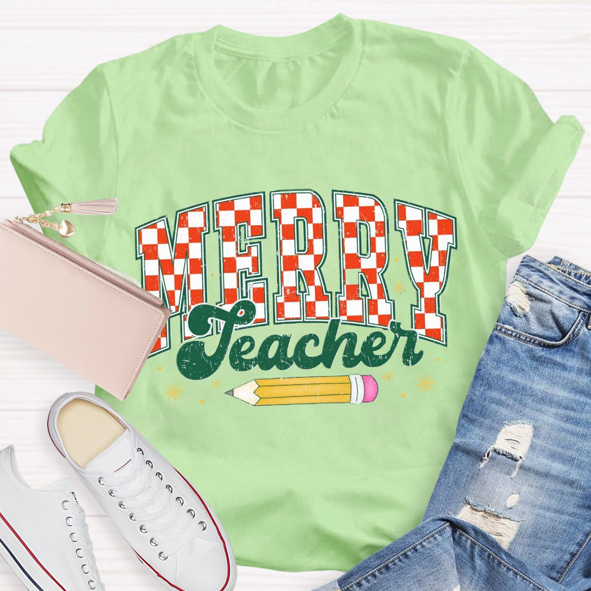 Merry Teacher Plaid Pencil T-Shirt